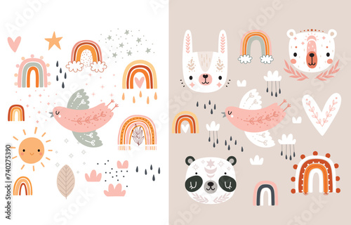 Cute Boho collection with graphic elements for your design - rainbow, heart, bird, bunny, bear.