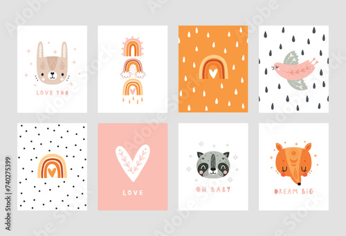 Cute Boho cards with Letterings and boho animals for your design - Dream big, love, oh baby and others.