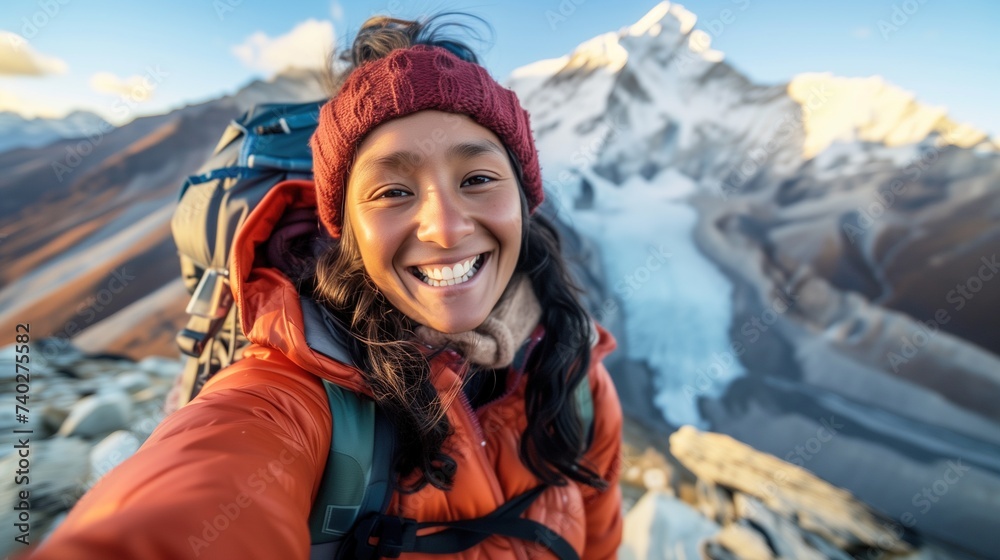 Smiling Trekker Taking Selfie With Mount Everest in the Background