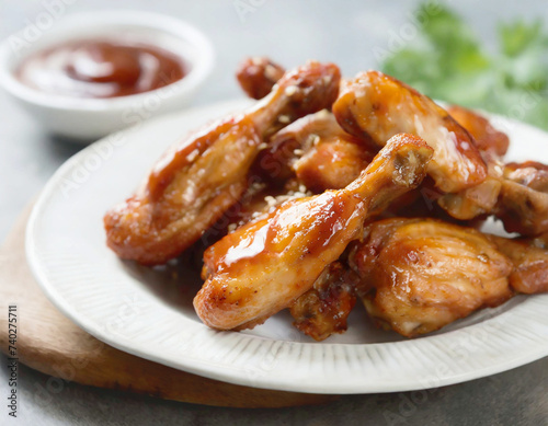 Spicy chicken wing pieces with hot sauce as an appetizer.