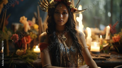 Woman Wearing Horned Headdress With Candles in Background