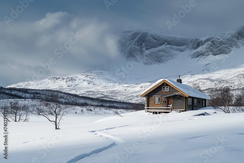 A small snow covered hunting lodge in the norwegian mountains with animal traces in the foreground and mountain summits in the background © sania