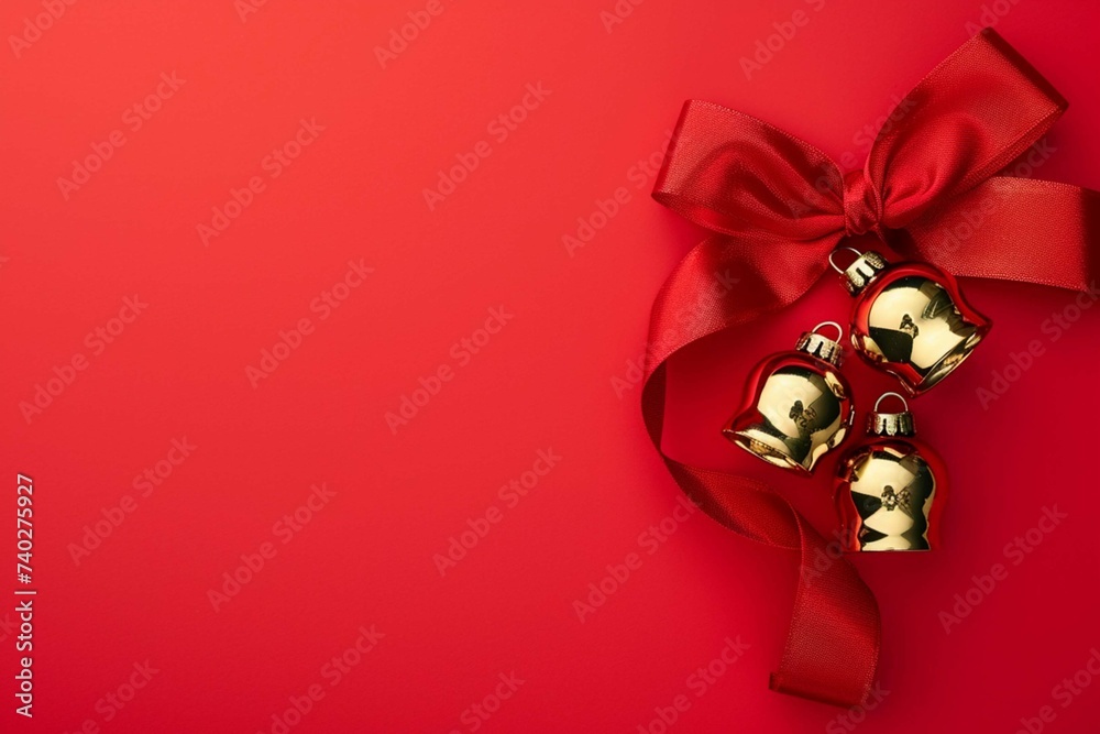 Beautiful golden jingle bells with a red bow. Minimal holiday concept. Copy space for text. Flat lay. Top view.