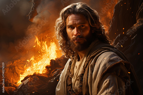 Jesus Christ with long hair standing confidently in front of a blazing fire, his silhouette illuminated by the bright flames © sommersby