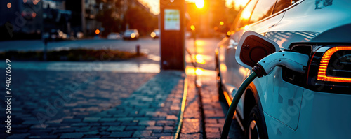 Sunset view of an electric car charging at a street-side station with warm sunlight flaring in the background.
