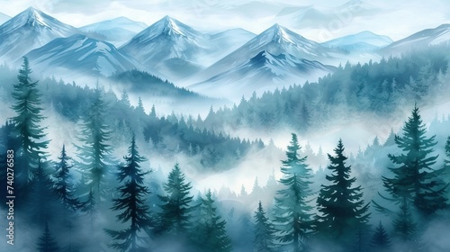 Vintage retro style misty mountain landscape with fir forest in dark green and light gray fog