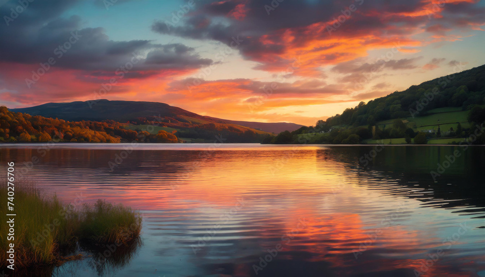 Stunning sunset over calm lake, vibrant colors reflecting on water's surface