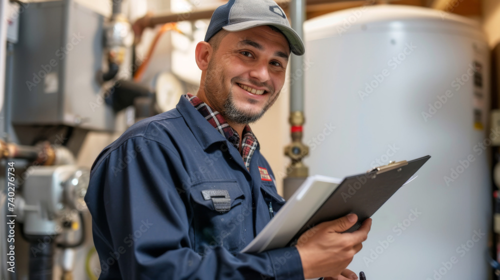 smiling man wearing a baseball cap and a blue plaid shirt over a blue work uniform, holding a clipboard in an industrial or maintenance setting, possibly a technician or a worker. smiling man wearing a baseball cap and a blue plaid shirt over a blue work uniform, holding a clipboard in an industrial or maintenance setting, possibly a technician or a worker.
