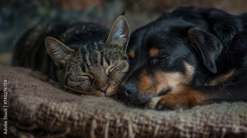 同じ夢を仲良く見ている猫と犬 | Generative AI 同じ夢を仲良く見ている猫と犬 | Generative AI