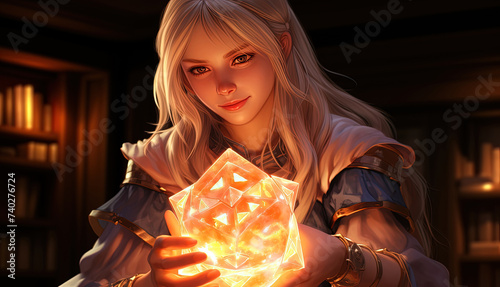 Keen woman is holding a crystal ball in her hands, looking intently at it