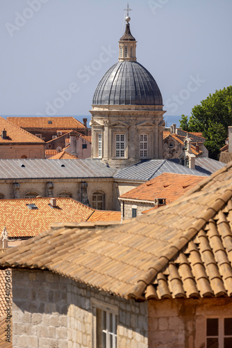 View from City Walls of city and dome of Dubrovnik Cathedral, Dubrovnik, Croatia photo