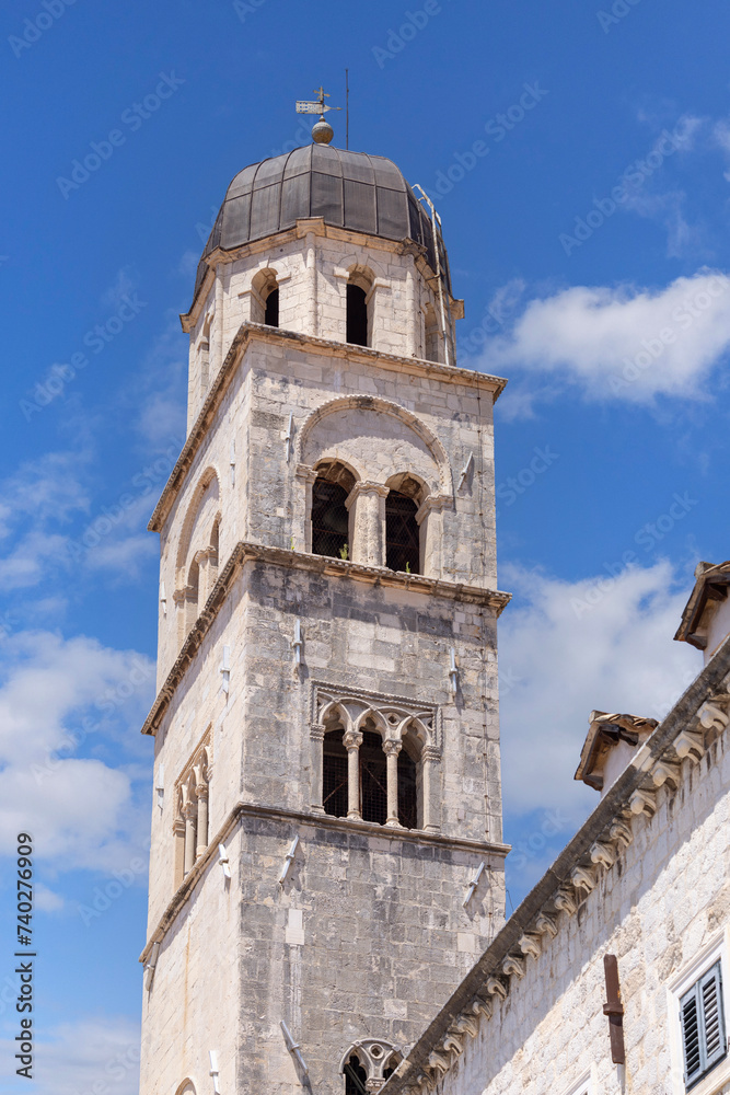 Medieval Church of St Francis with bell tower located in the main street Stradun, Dubrovnik, Croatia