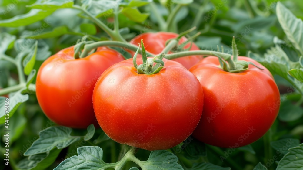Ripe red tomatoes growing in a greenhouse, organic agriculture concept with copy space.