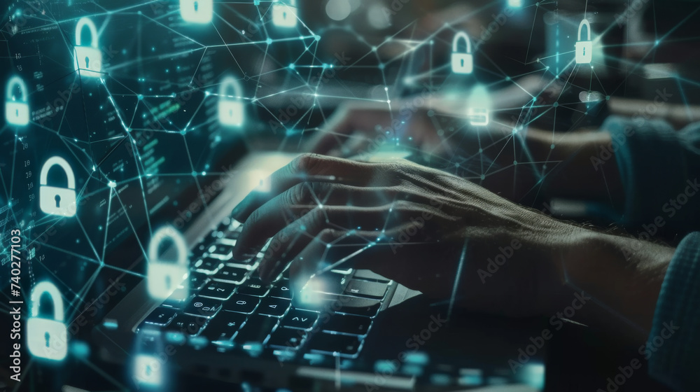 Keyboard In Cybersecurity A pair of hands is typing on a laptop keyboard overlayed with graphics ...