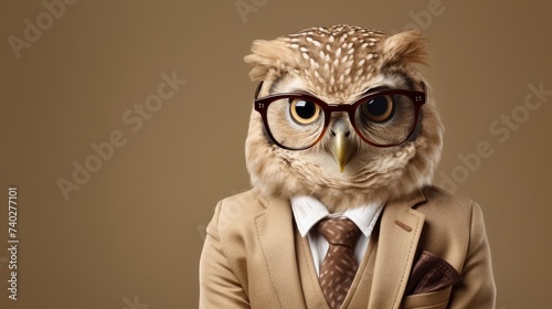 Anthropomorphic owl in business suit acting in corporate studio with copy space.