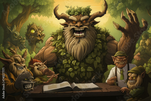 Painting depicting a troll standing amidst a group of menacing monsters at green forest, showcasing scene of confrontation and danger photo