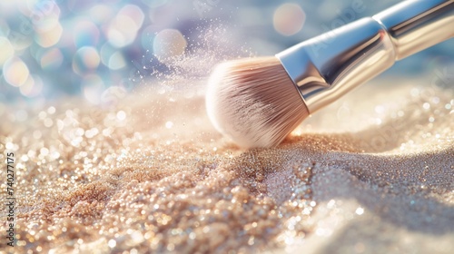Pinceau blush avec poudre dorée de maquillage scintillante » IA générative photo