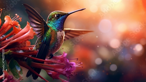 Picture the dynamic energy of hummingbirds as they flit and hover around resplendent flowers, their iridescent plumage catching the light in the pristine wilderness of Savegre, Costa Rica. photo