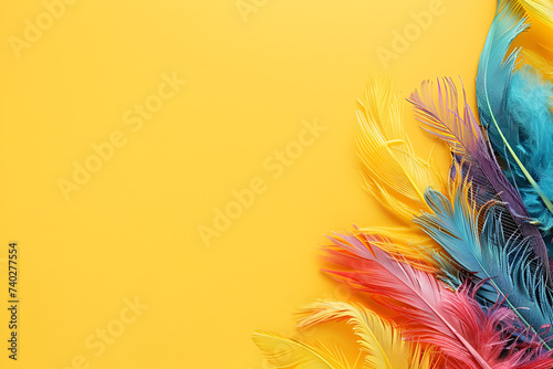 colorful feathers on a yellow background