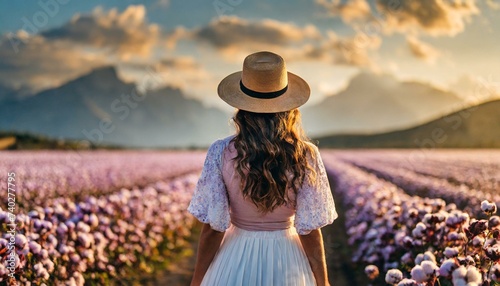 Donna di spalle cammina in un vasto campo con fiori photo