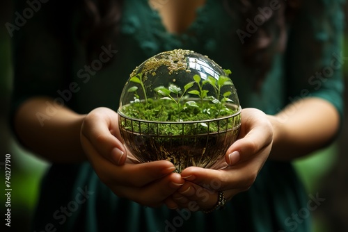 Earth day concept. hands planting small green sprouts on green grass field in nature photo