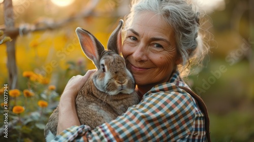 A middle-aged female farmer hugs a cute bunny, pressing their faces towards each other in a heartwarming embrace. The woman cradles the rabbit in her arms, showing a tender connection between human
