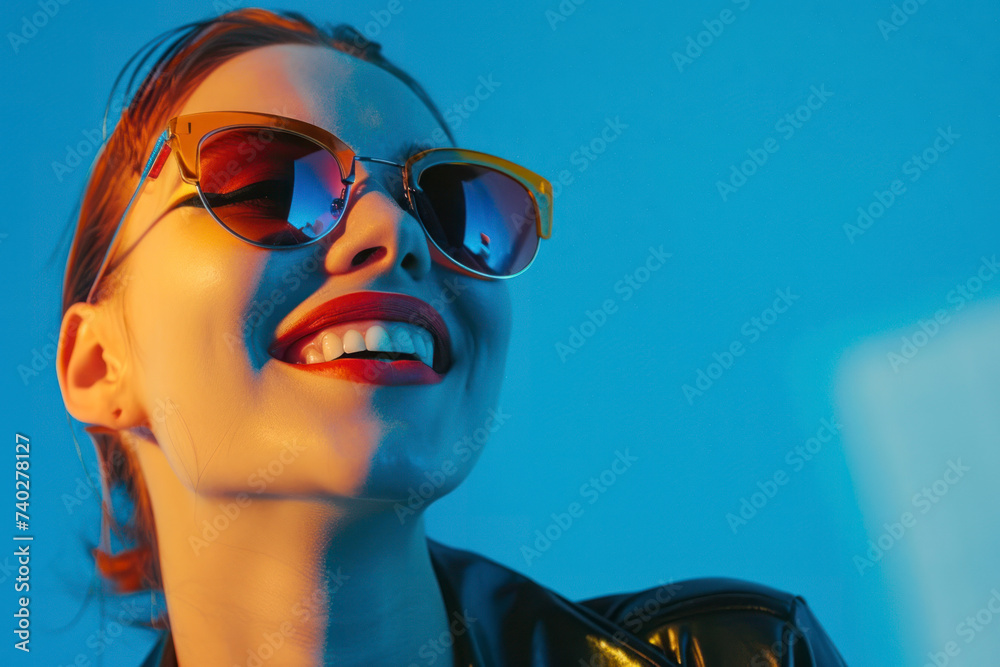 Close up shot of stylish young woman in sunglasses smiling against blue background. Close up shot of stylish young woman in sunglasses smiling against blue background.