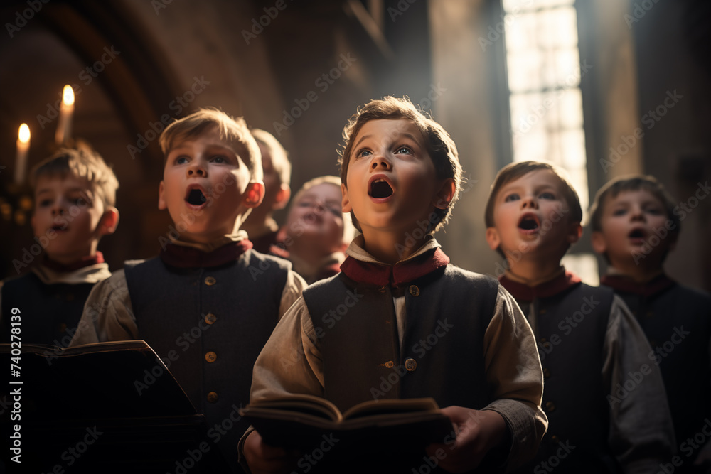 Beautiful caucasian kids holding their music books while singing during a choir activity giving a performance - obrazy, fototapety, plakaty 