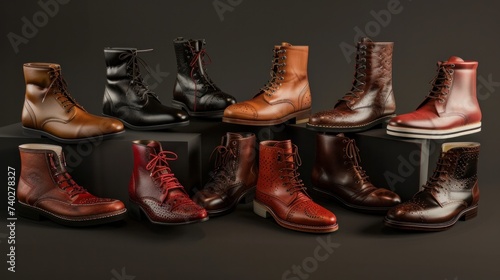 There is a multitude of men's footwear on display, arranged in a still-life composition showcasing men's fashion, particularly focusing on boots