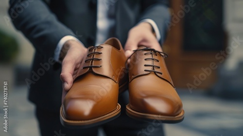 A close-up of a businessman holding a pair of shoes in hand
