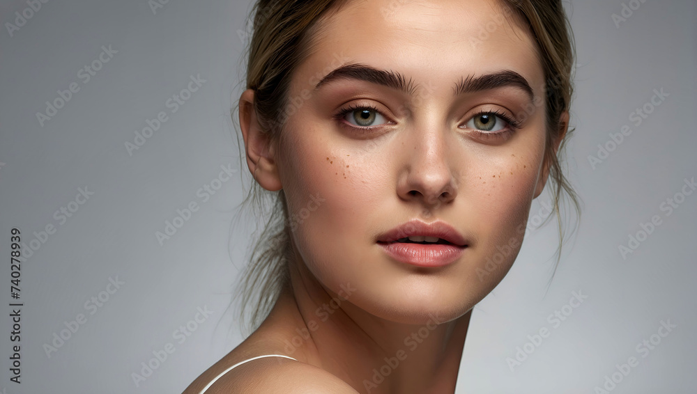 Close up portrait of a beautiful woman with glowing face. Beauty product commercial photo, glamorous portrait, Generative AI Close up portrait of a beautiful woman with glowing face. Beauty product commercial photo, glamorous portrait, Generative AI