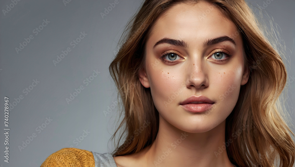 Close up portrait of a beautiful woman with glowing face. Beauty product commercial photo, glamorous portrait, Generative AI Close up portrait of a beautiful woman with glowing face. Beauty product commercial photo, glamorous portrait, Generative AI