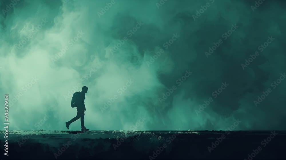 Lone Traveler's Silhouette against a Mysterious Green Haze - obrazy, fototapety, plakaty 