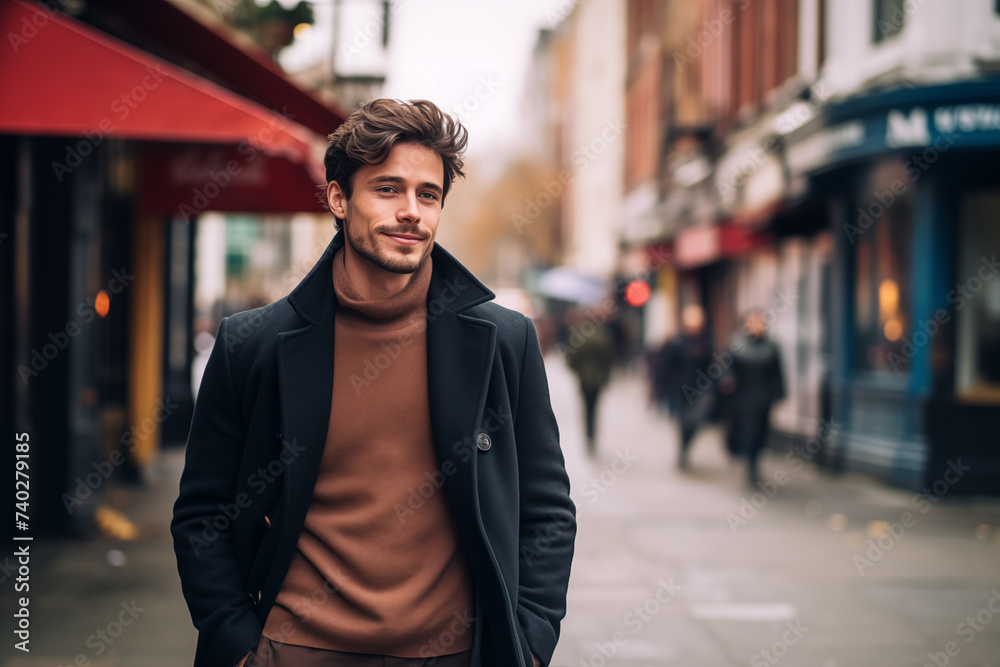 Handsome caucasian young man enjoying a fall day outdoors walking at the city's downtown smiling looking happy Handsome caucasian young man enjoying a fall day outdoors walking at the city's downtown smiling looking happy