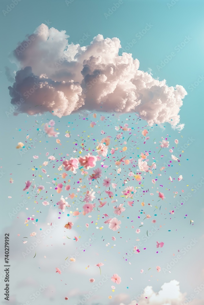fluffy cloud raining spring flowers and pastel color confetti from the cloud on a pastel background