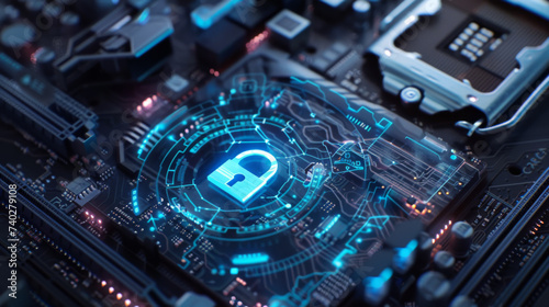 A close-up of a motherboard featuring a security chip with a lock symbol, surrounded by circuits and electronic components illuminated with a blue glow.