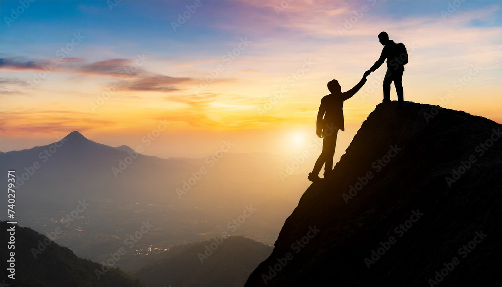 Silhouetted businessmen unite, extending hands atop mountain at sunset, symbolizing teamwork, success, support