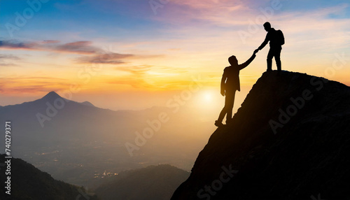 Silhouetted businessmen unite, extending hands atop mountain at sunset, symbolizing teamwork, success, support