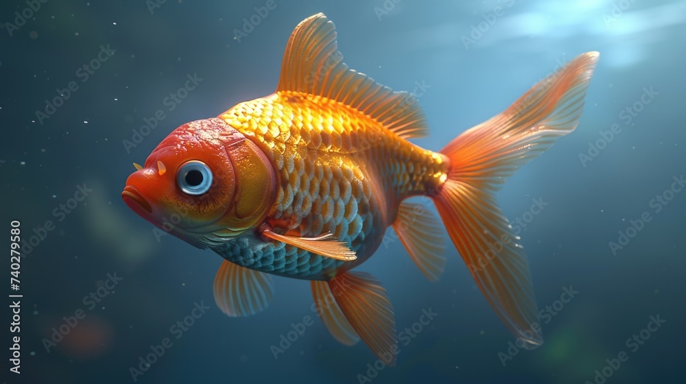 Fototapeta premium A detailed view of a vibrant goldfish swimming gracefully in an aquarium, showcasing its bright colors and unique features. The fish is gracefully gliding through the water, its scales shimmering