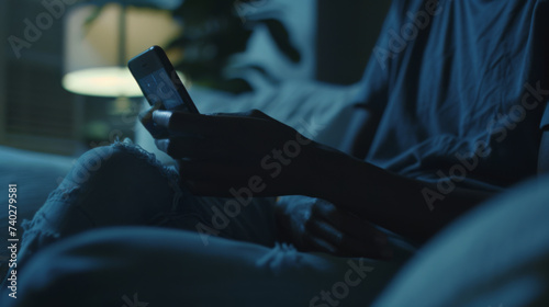 A close-up of a hand holding a smartphone in a dimly lit room  with a focus on the phone screen and the glow it casts on the fingers.