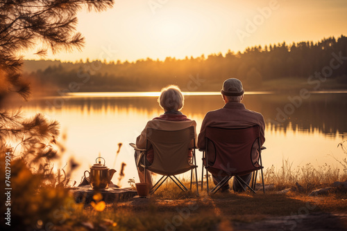 Relaxed old couple seen from behind sitting in front of the lake together watching the sunrise while on a vacation trip
