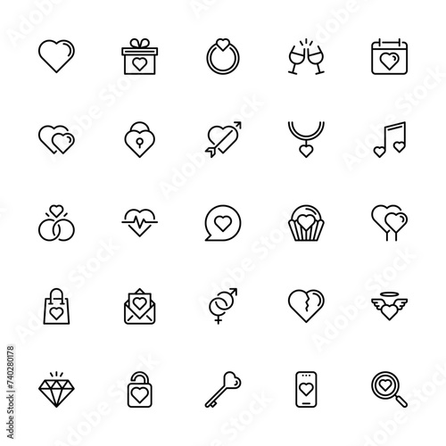 Love and valentine icon set. Simple flat vector line icon set on white background