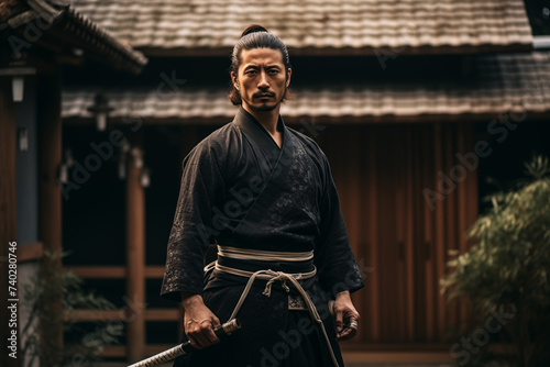 Japanese samurai man wearing traditional clothes and holding a sword ready for a fight