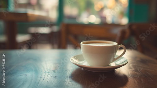 Coffee cup on wooden table in coffee shop