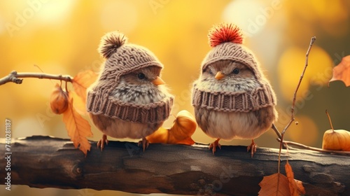 Two tiny sparrows donning adorable knitted hats, perched on a tree branch against the backdrop of autumn hues. Hello autumn. Autumn character. © zahra