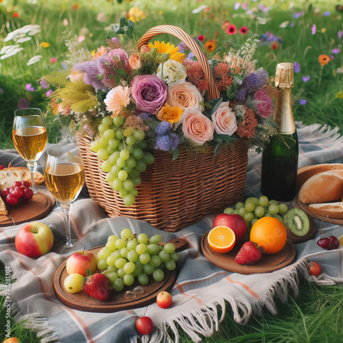 A picnic on a green meadow with a basket of fruits and flowers