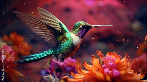 Vibrant feathers shimmer as the hummingbird flutters above the prickly cactus, pollinating with each sip. © zahra