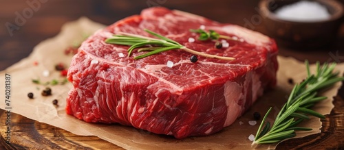 A juicy and tender piece of raw meat sitting on top of a sturdy wooden cutting board.