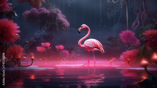 Vibrant hues of pink intertwine as a flamingo stands tall in a dreamy setting.
