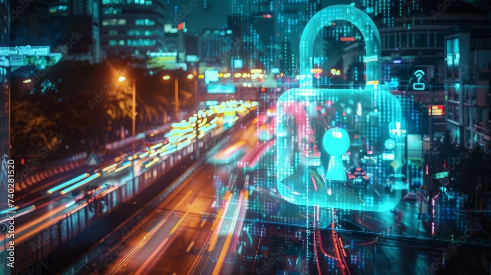 Glowing holographic padlock overlays a bustling nighttime road in Bangkok, symbolizing cyber security measures to safeguard companies. Image is achieved through a double exposure technique